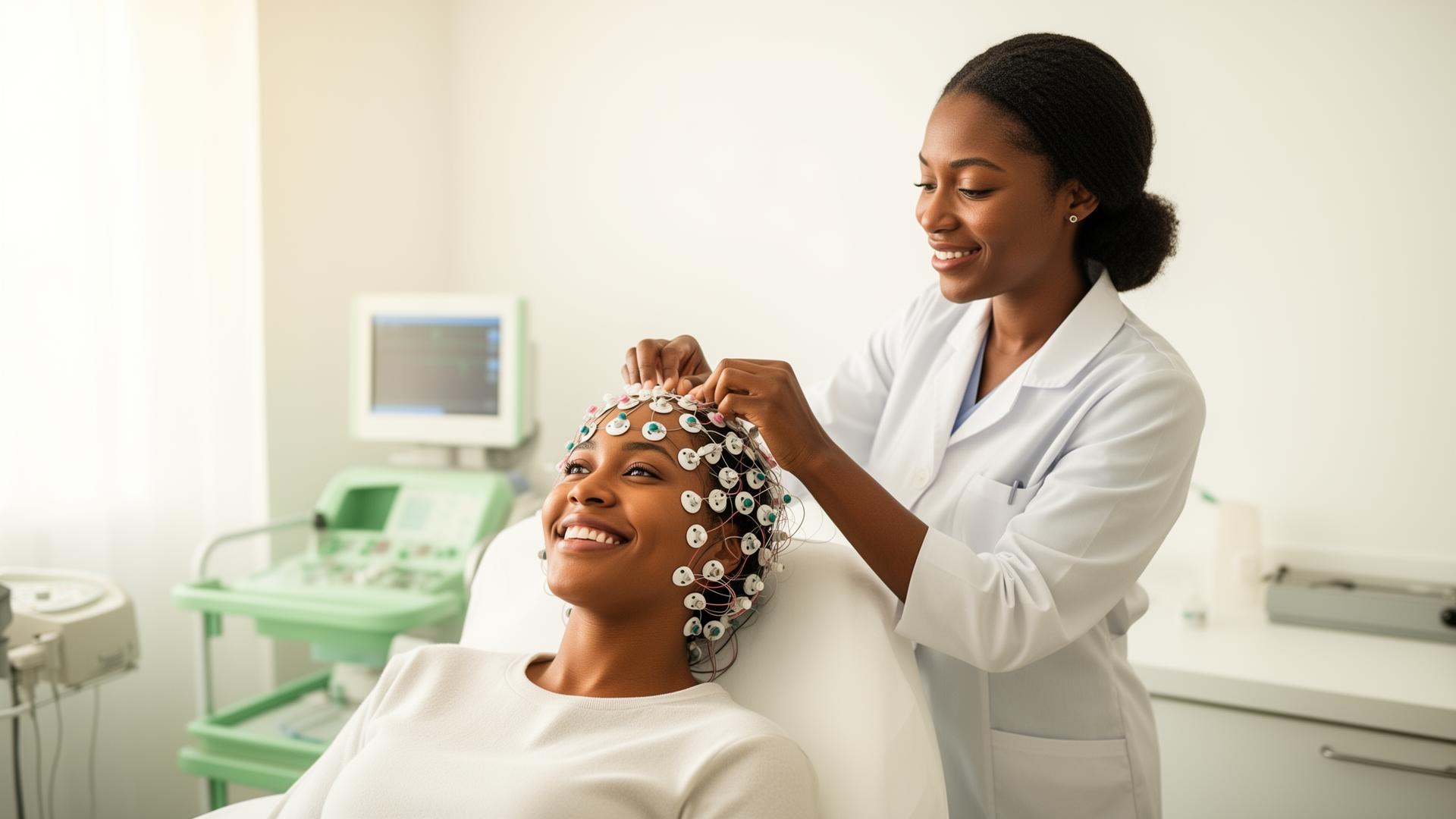 OJAX Health technologist performing an EEG on a smiling patient